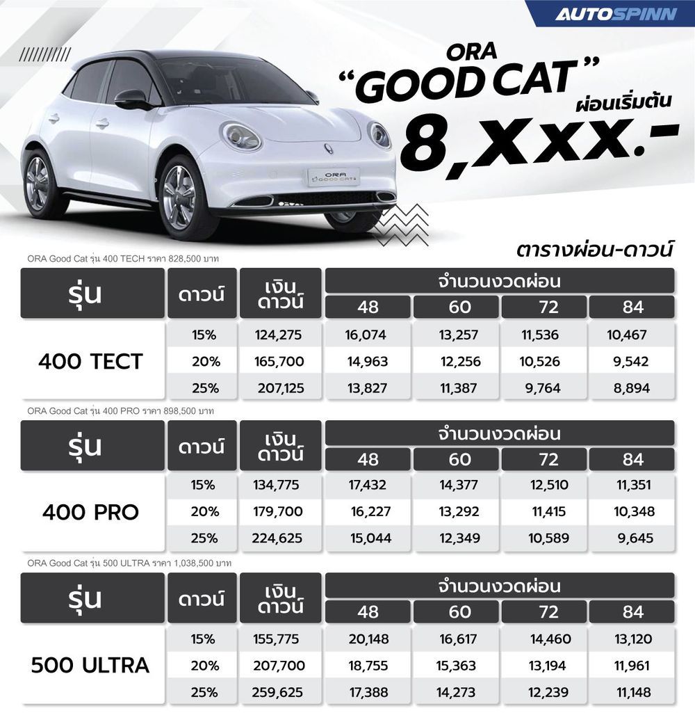 ตารางผ่อน Ora Good Cat 2024 รุ่นปรับปรุงใหม่ เริ่มต้น 12,xxx บาท